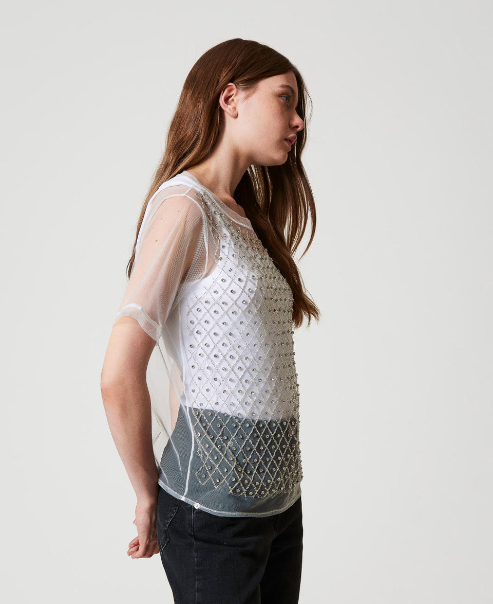 Embroidered tulle T-shirt with top "Papers" White Woman 251AP2120_00840_02