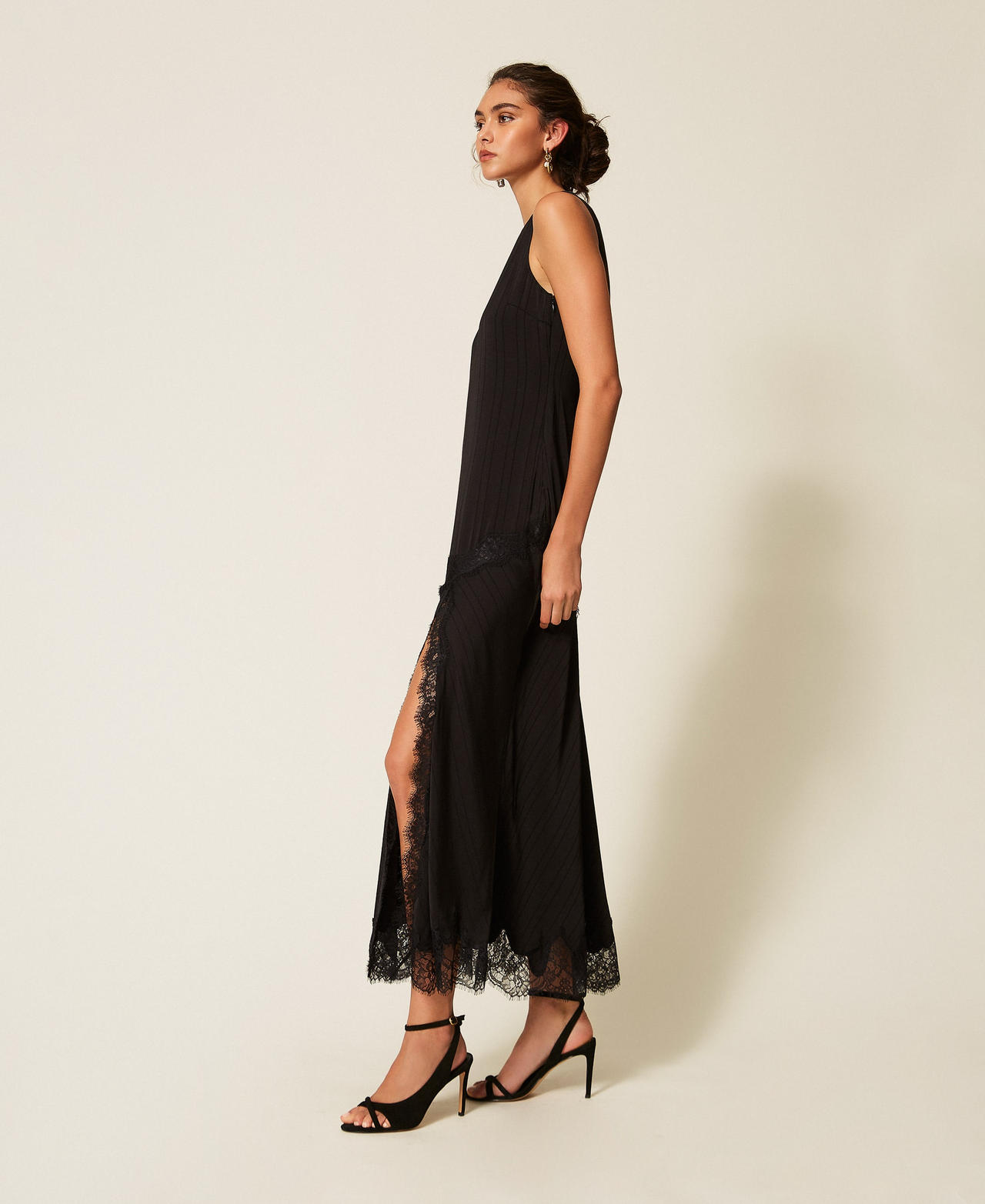 Abito lungo in raso e pizzo Nero Donna 262TP2120_00006_02