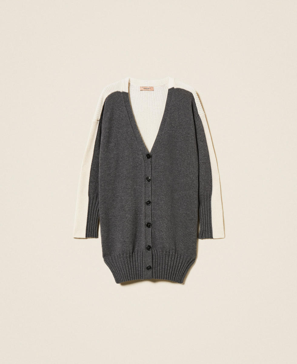 Long wool blend cardigan Two tone Dark Grey Melange/Snow White Woman 252TF3022_12997_S0