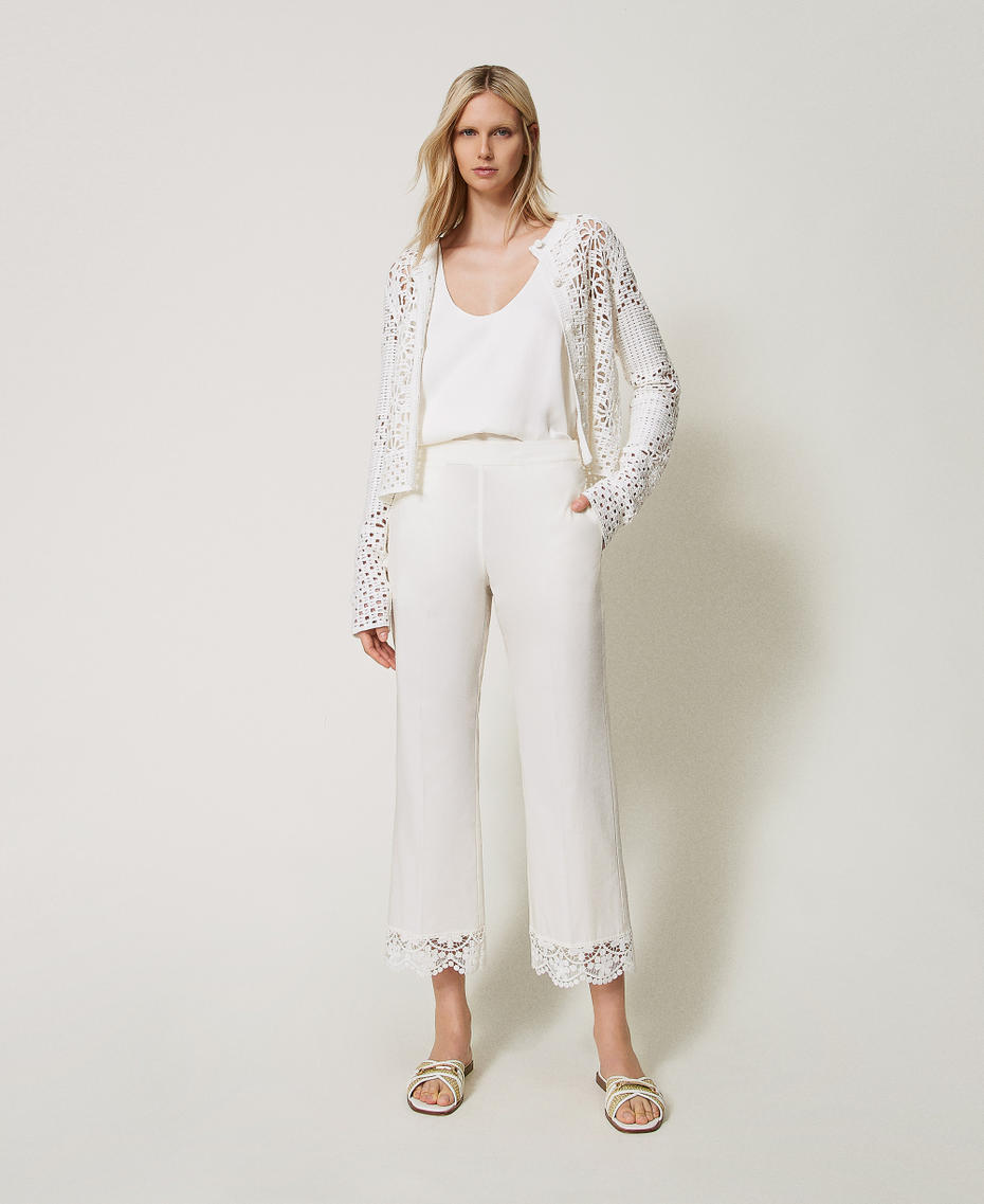 Pantalon cropped en popeline avec dentelle Blanc Neige Femme 251TT2094_00282_01