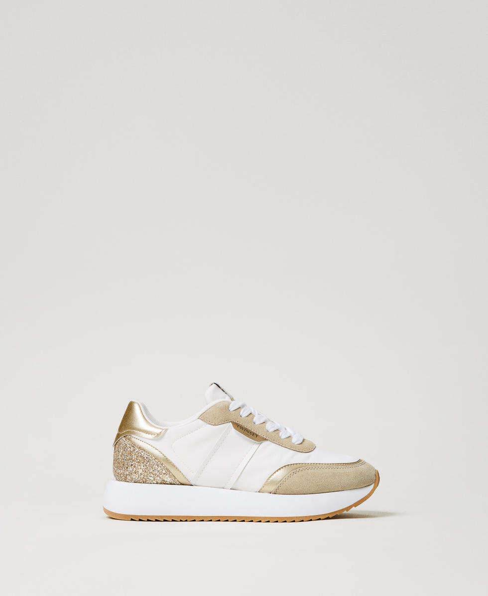 Sneakers running con glitter Bicolor Bianco Ottico / Oro Donna 251TCP022_07049_01
