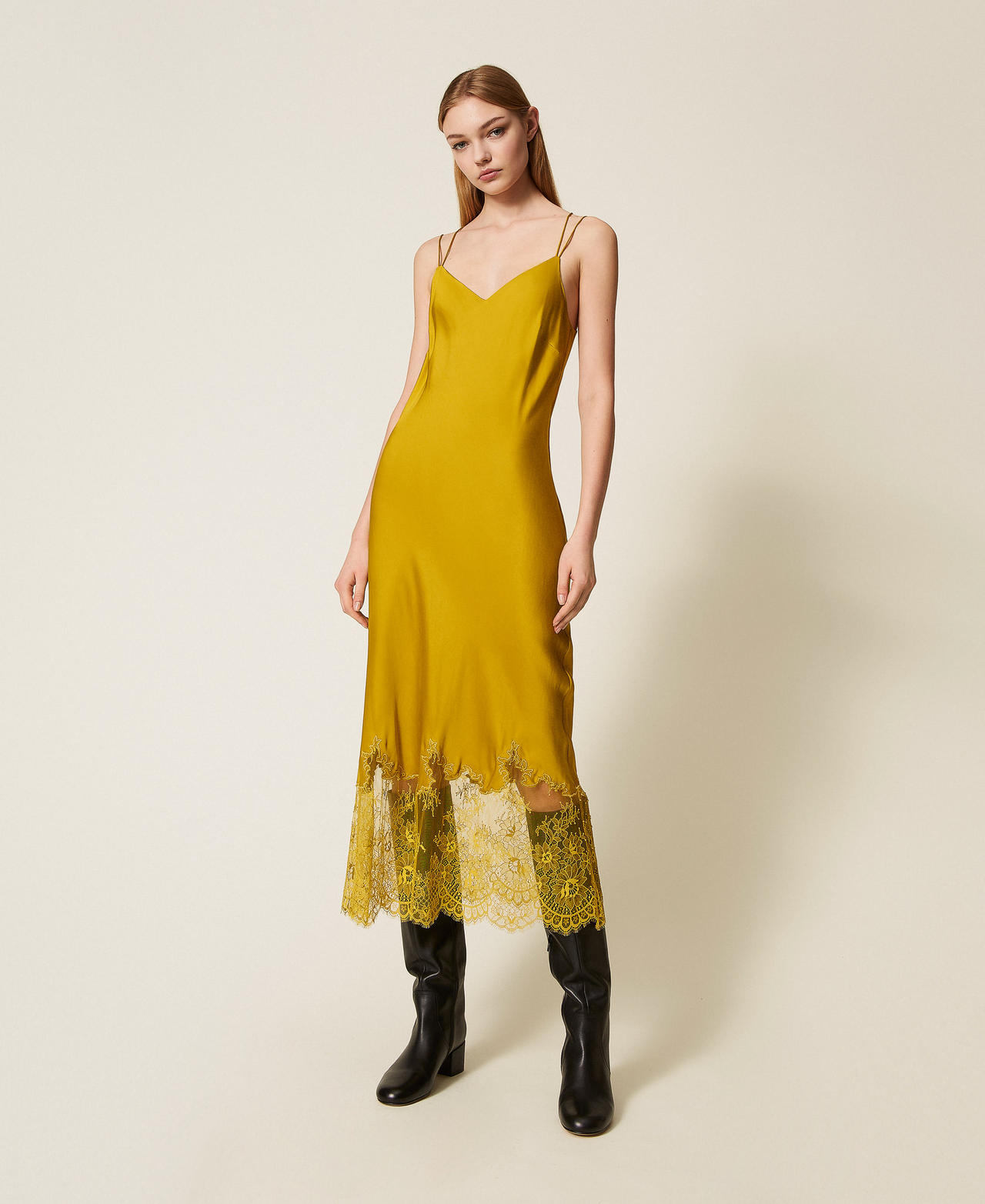 Midi satin and lace dress Mustard Yellow Woman 252TP2390_12607_01