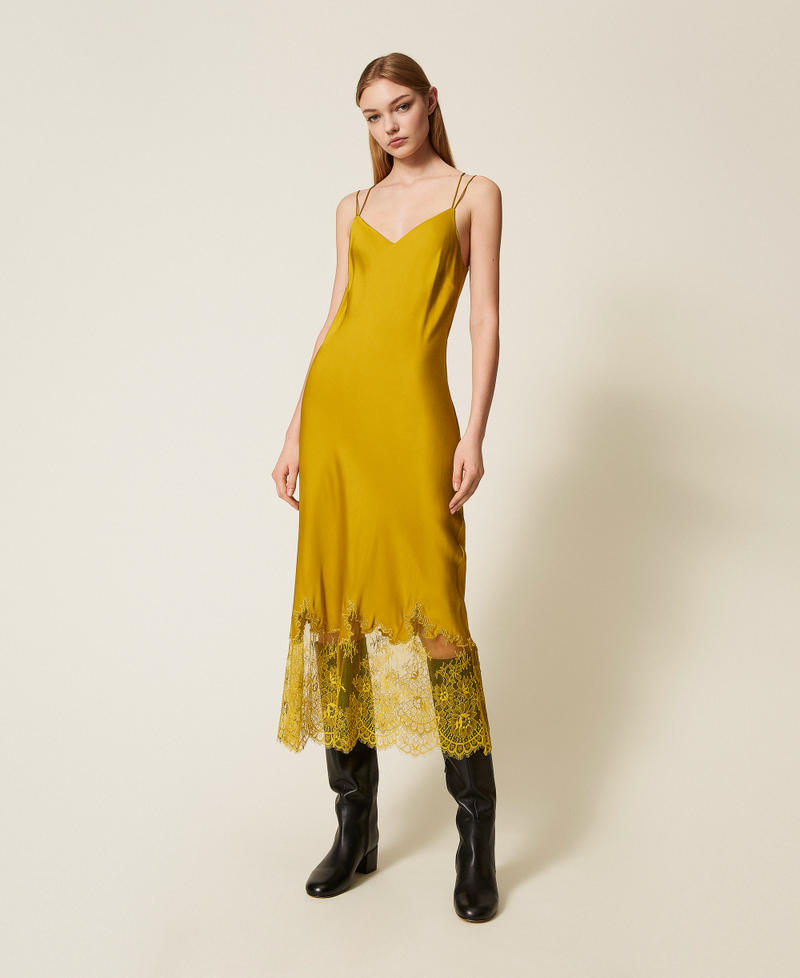 Midi satin and lace dress Mustard Yellow Woman 252TP2390_12607_01