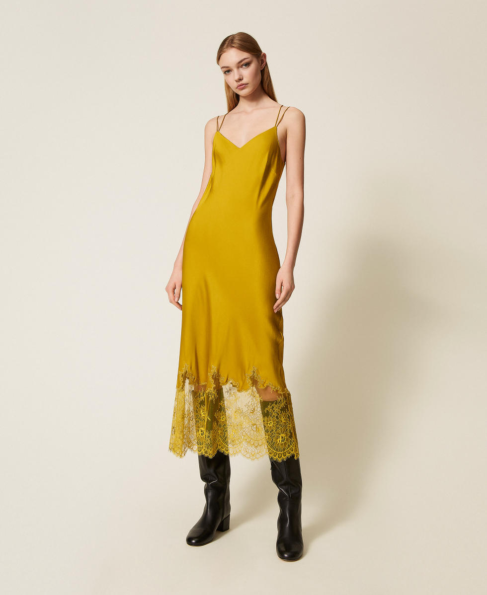 type I drop 　Majesty yellow　stina 　レオタード Midi satin and lace dress Woman, Yellow | TWINSET Milano