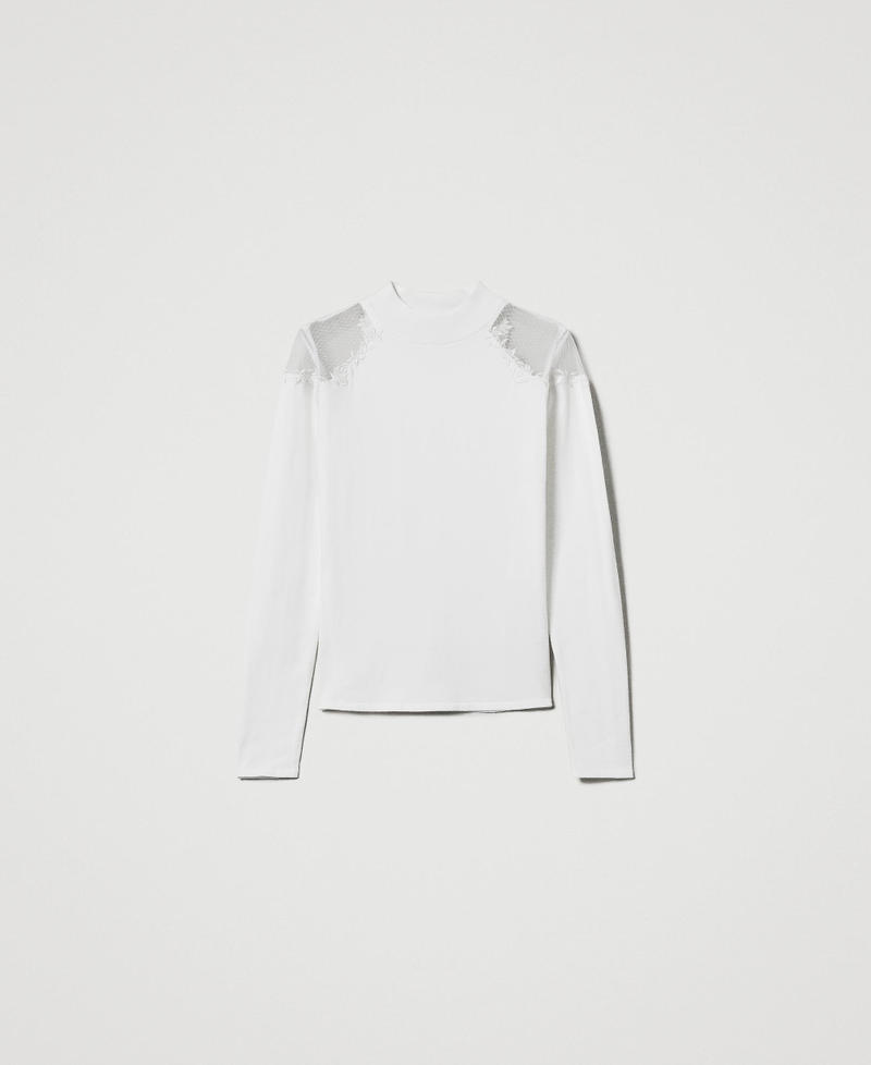 Turtleneck jumper with tulle and embroidery Antique White Woman 242LL3DAA_00245_S0