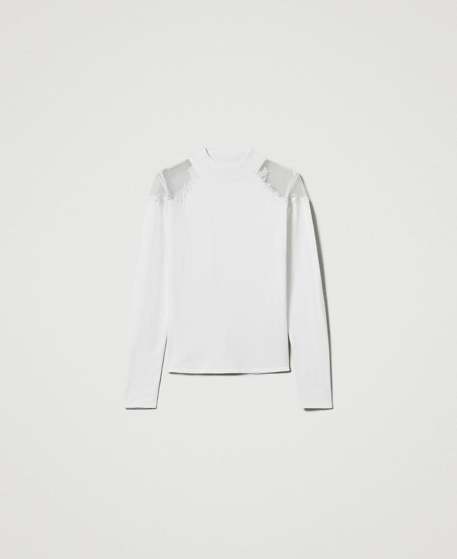 Turtleneck jumper with tulle and embroidery Antique White Woman 242LL3DAA_00245_S0
