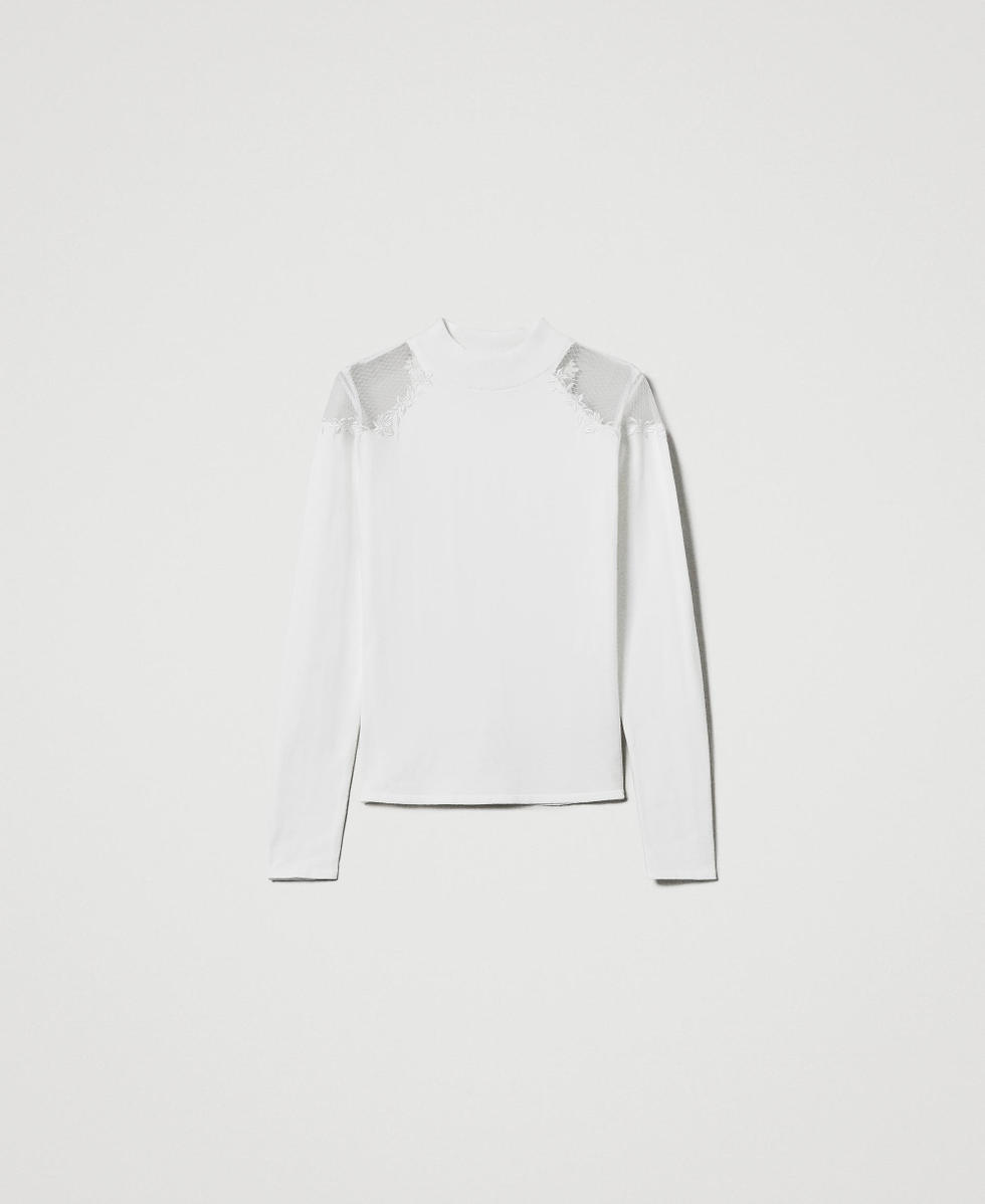 Pull col montant avec tulle et broderie Blanc Antique White Femme 242LL3DAA_00245_S0