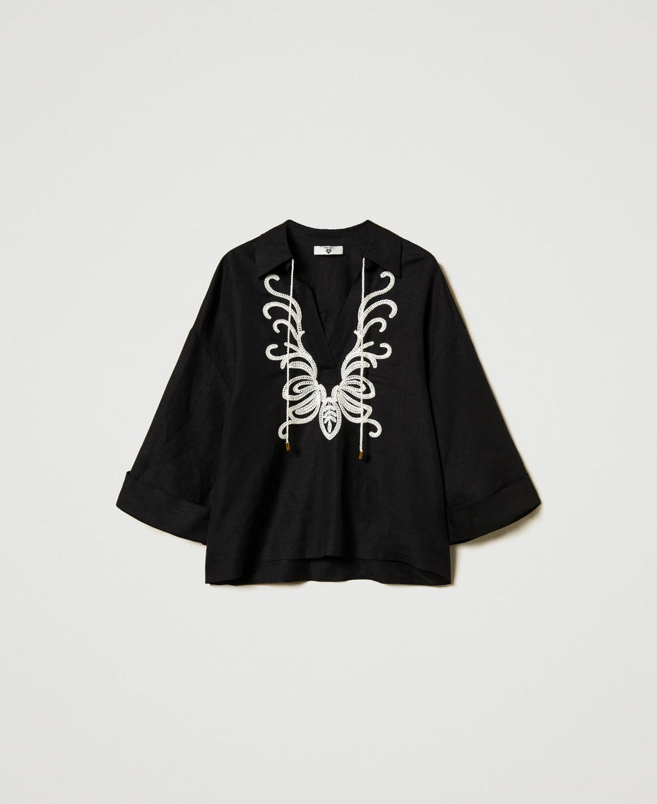 Linen blend blouse with embroidery Bicolour Black / Mother-of-pearl White Woman 251LB2FCC_02710_S0