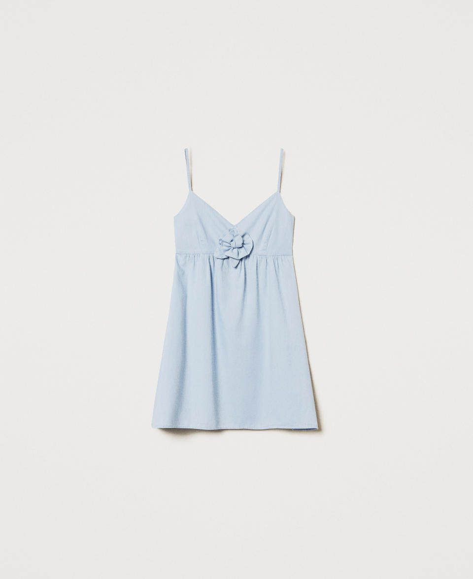 Abito corto in chambray con rosa applicata Denim Blu Chiaro Donna 251AX2064_07283_0S
