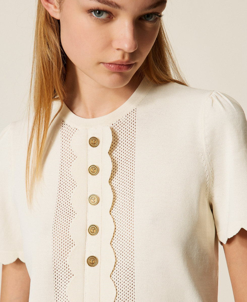 Scalloped sweater with Oval T buttons "Parchment" Beige Woman 252TP3203_07222_05