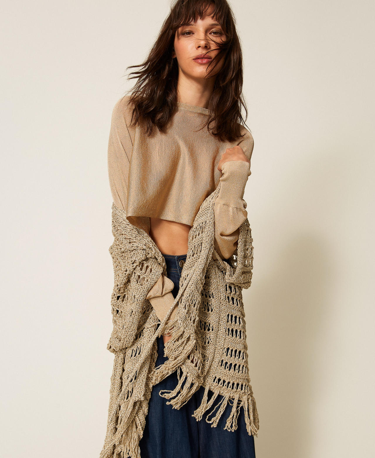 Crochet knit poncho Delicate Sand Beige Woman 261TA4340_13161_PD