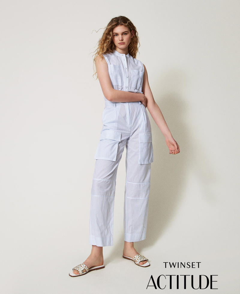 Full-length striped poplin jumpsuit Two-tone Papers White/Deep Light Blue Woman 251AX2051_12399_PA