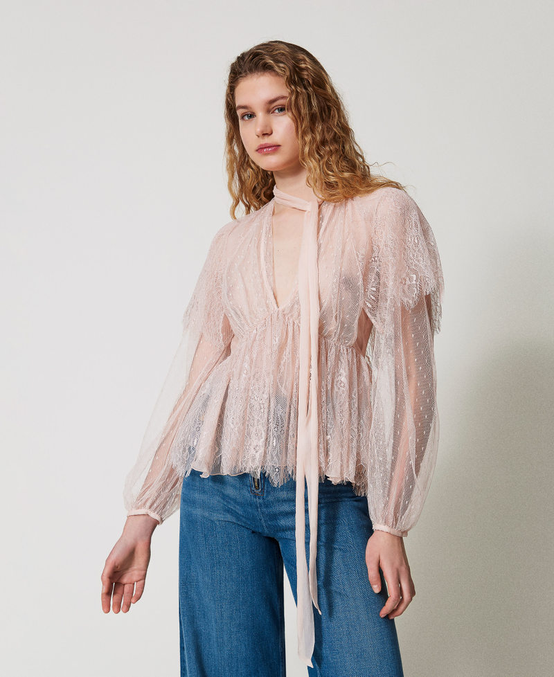 Blouse en dentelle et tulle plumetis Pretty Pink Femme 251TS2094_12370_01