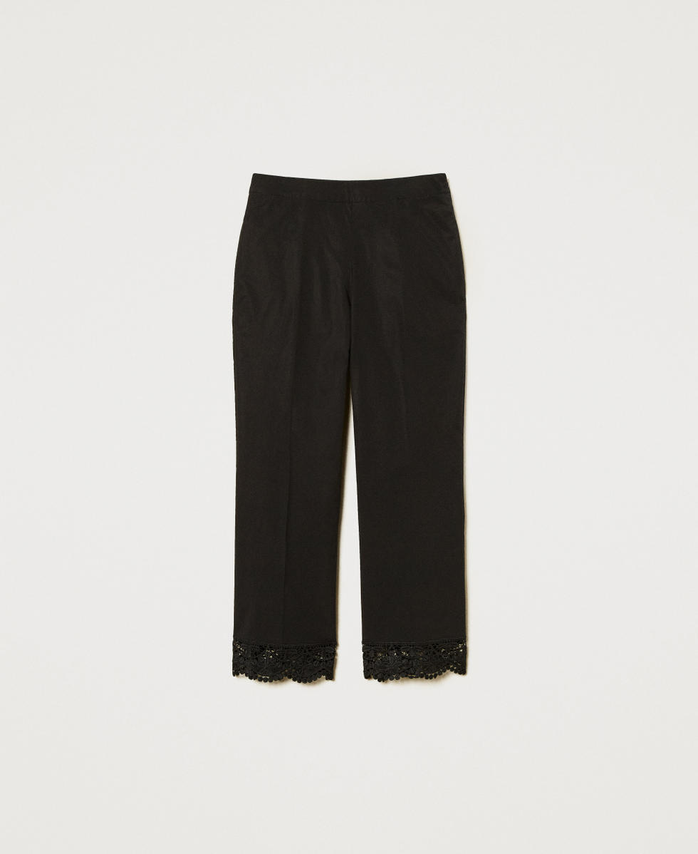 Cropped poplin trousers with lace Woman, Black | TWINSET Milano