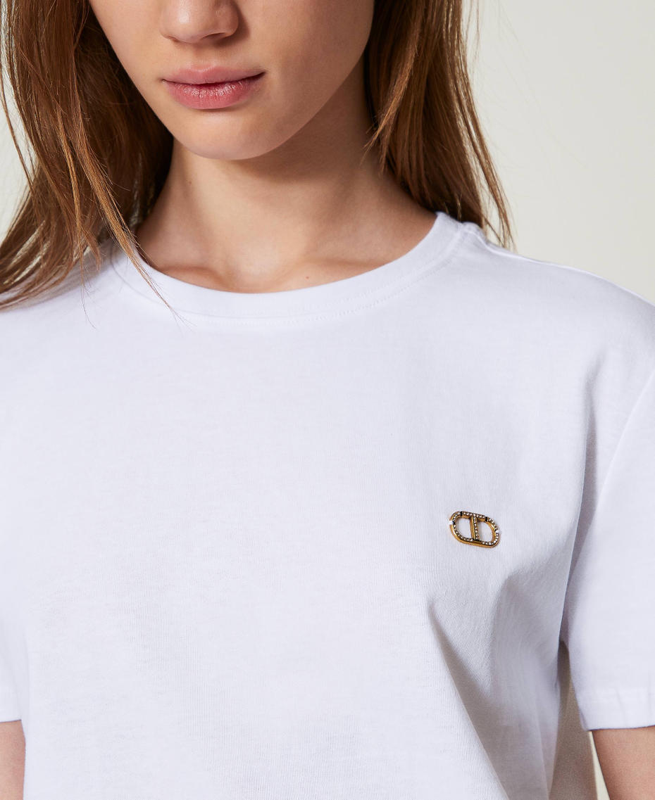 T-shirt with Oval Tplate with rhinestones White Woman 251TP2074_00001_04