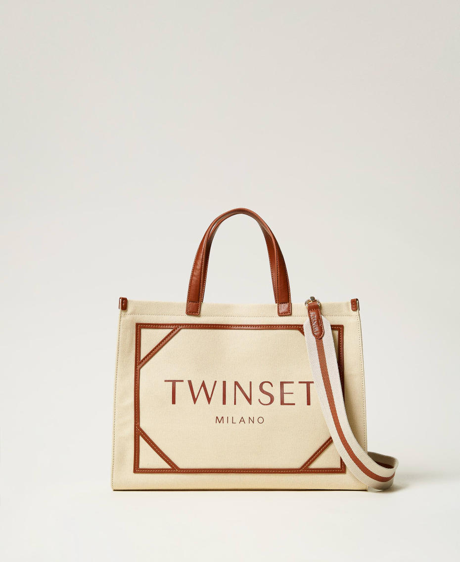 Canvas shopper bag with logo Light Wood Beige Woman 251TB7081_12186_01