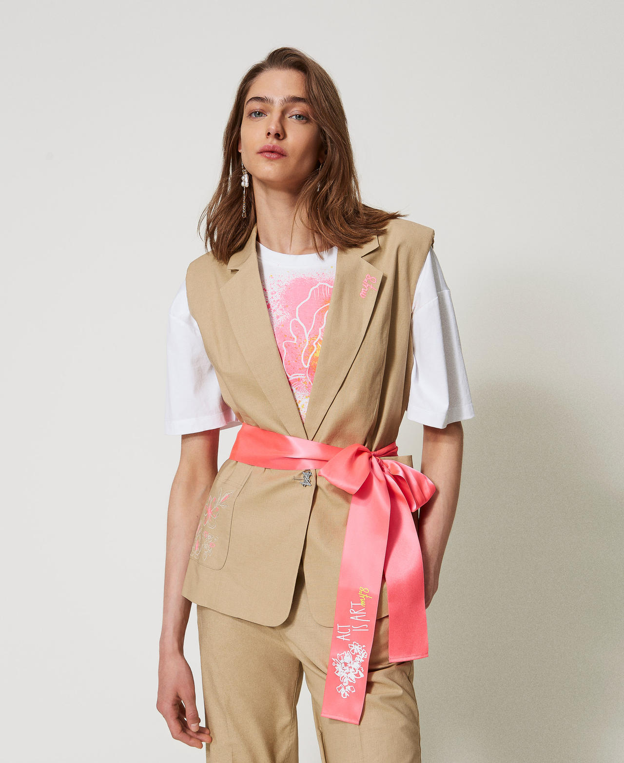 Gilet MYFO con ricami e cintura Beige Incenso Donna 251AQ2062_00634_01
