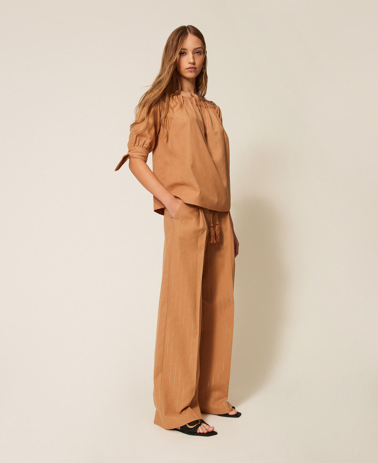 Pantalon ample &agrave; rayures lurex Marron &laquo;&thinsp;Hazelnut&thinsp;&raquo; Femme 261LB2QFF_10282_02