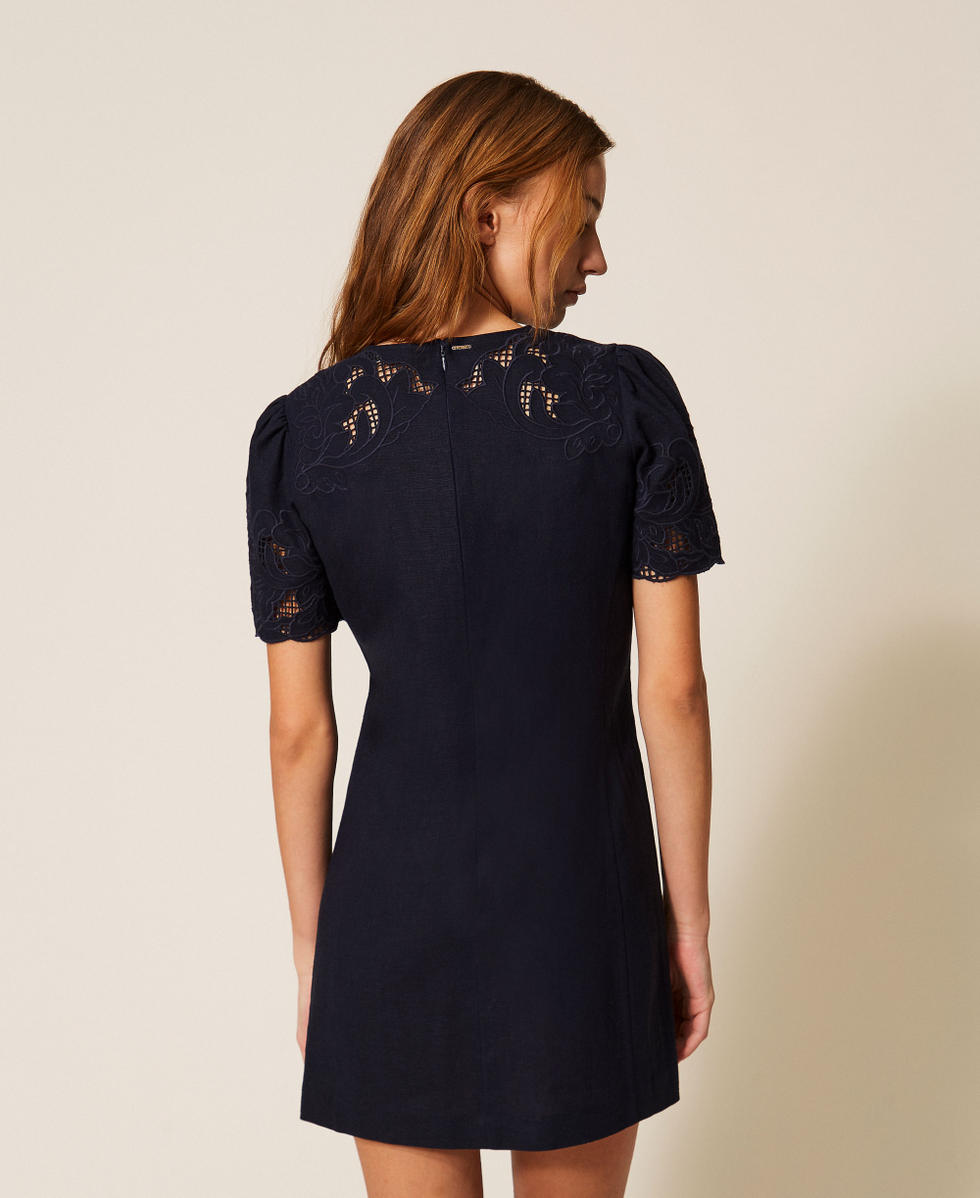 Robe courte en lin m&eacute;lang&eacute; avec broderie Bleu Nuit Femme 261TP2310_13172_03