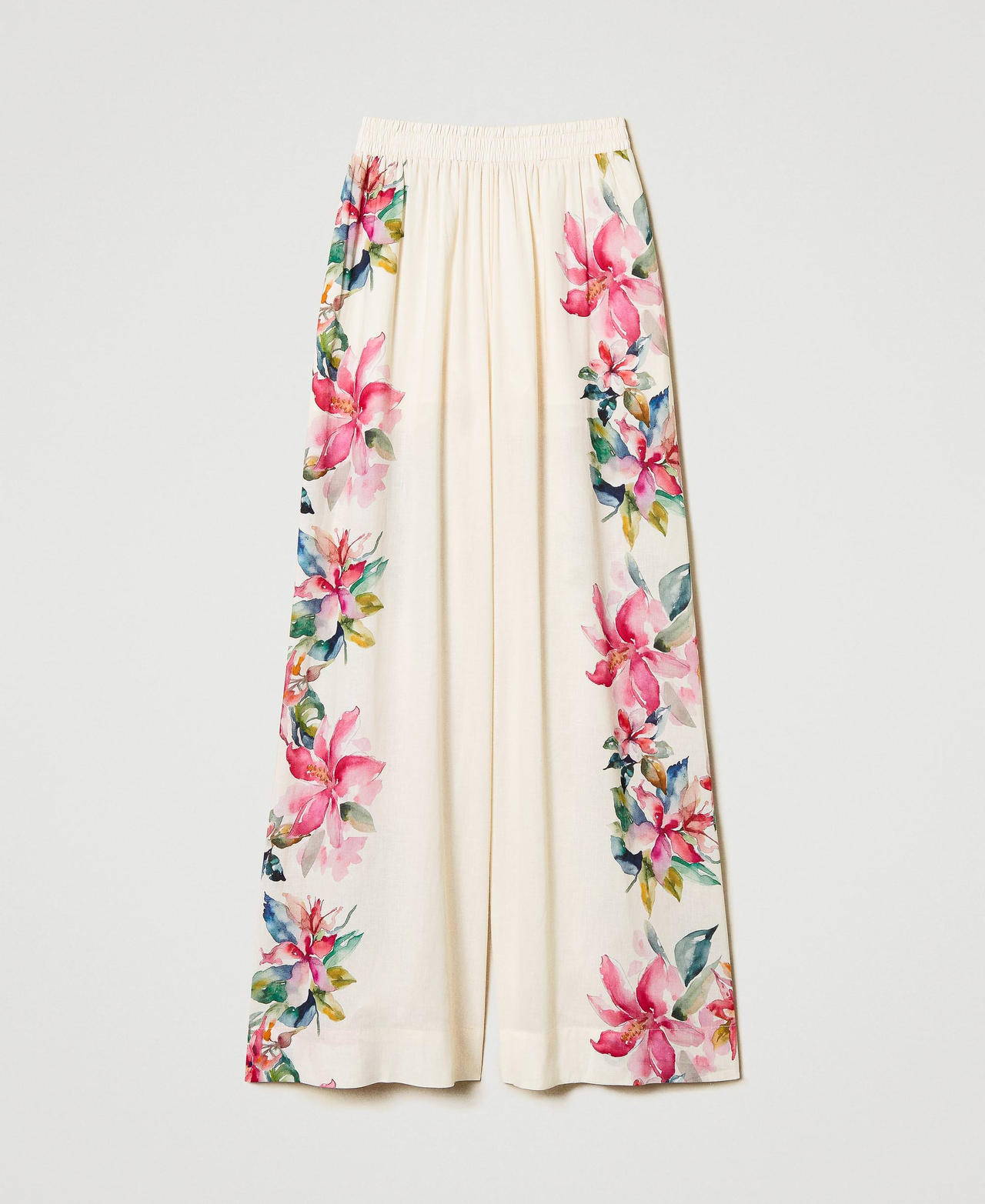 Linen blend trousers with floral print Mother of pearl/Multicolour Stripe Print Woman 251LB2UCC_12198_0S