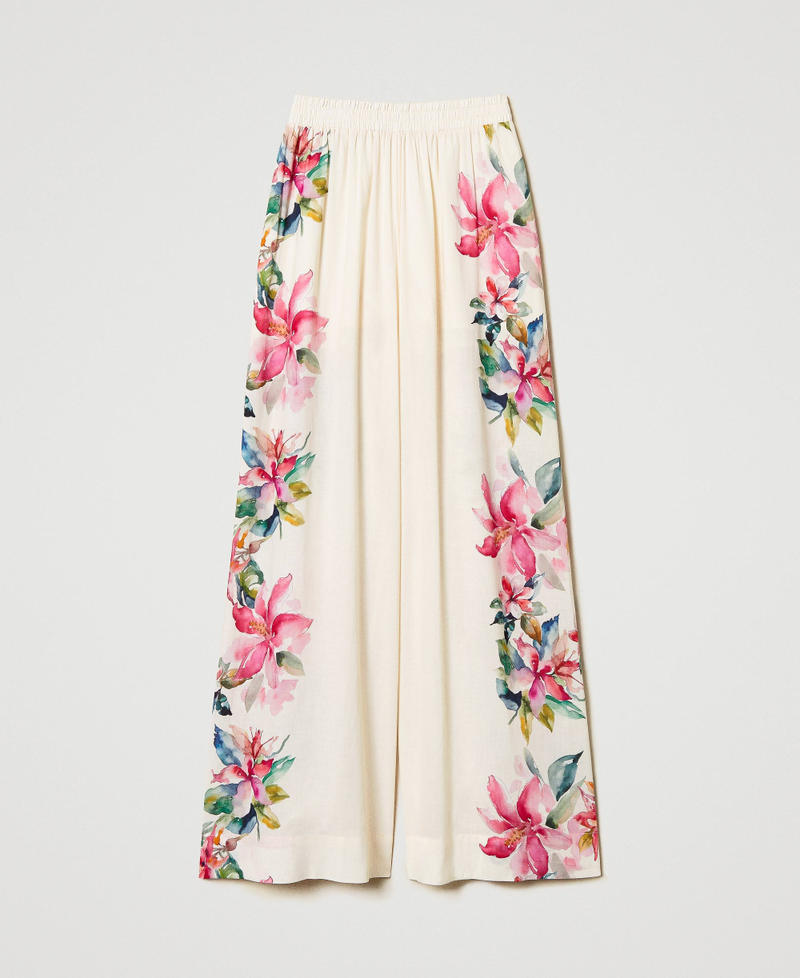Linen blend trousers with floral print Mother of pearl/Multicolour Stripe Print Woman 251LB2UCC_12198_0S