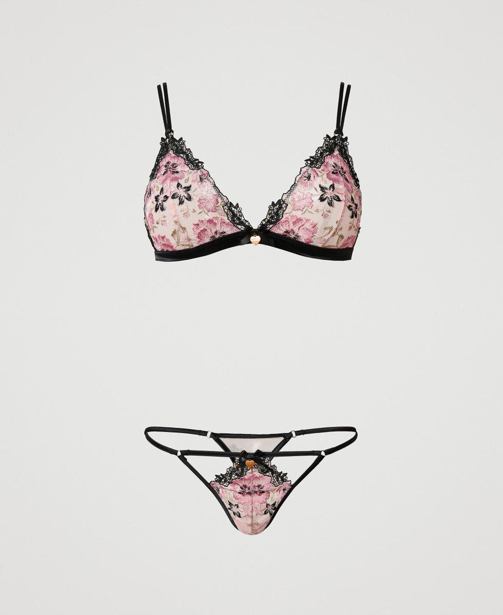 Embroidered triangle bra and g-string set Multicolour Blooming Embroidery Woman 242LL6B22_11995_S0