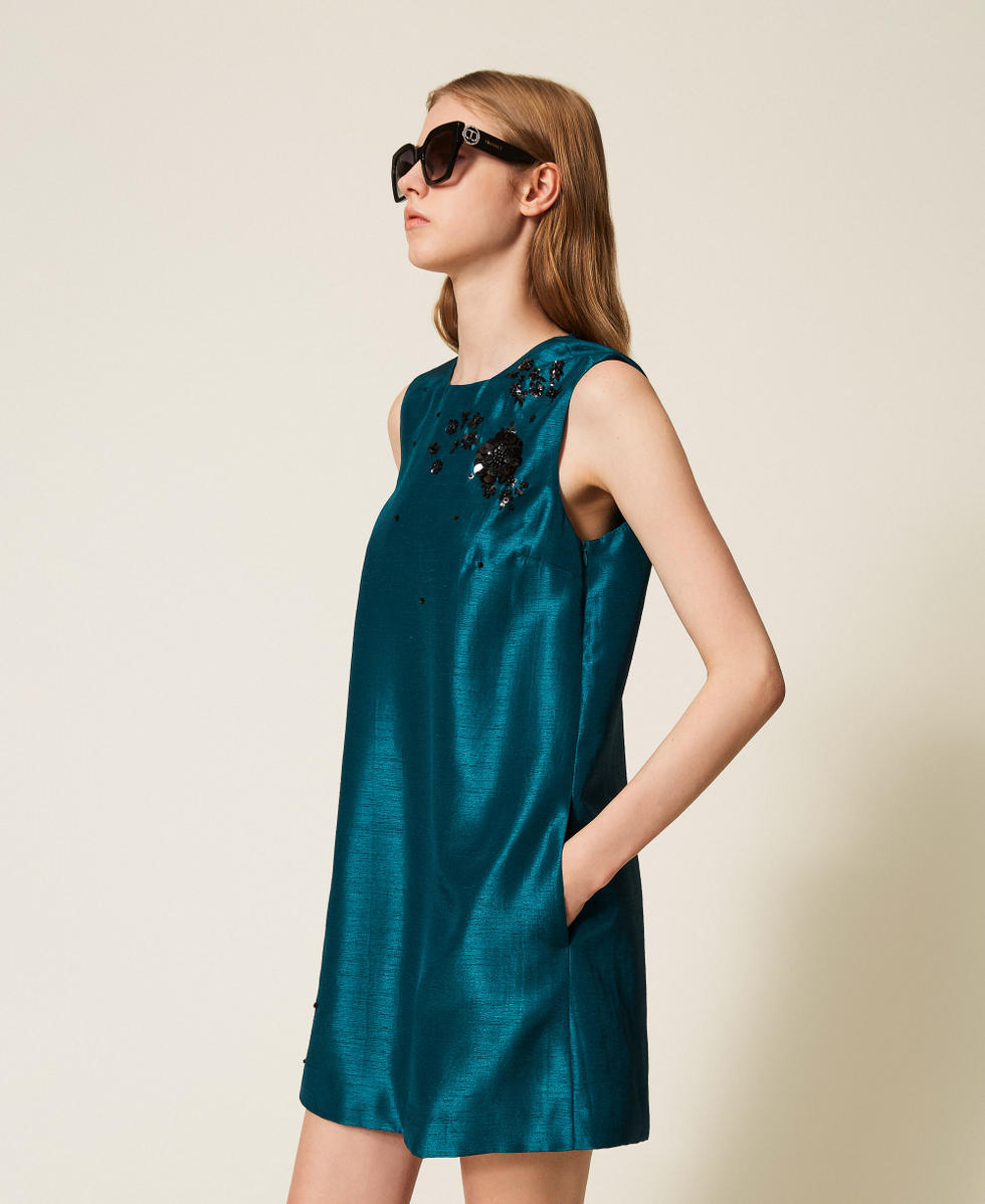Kurzes Shantung-Kleid handgefertigter Stickerei Green Heron Frau 252AP2180_12557_02