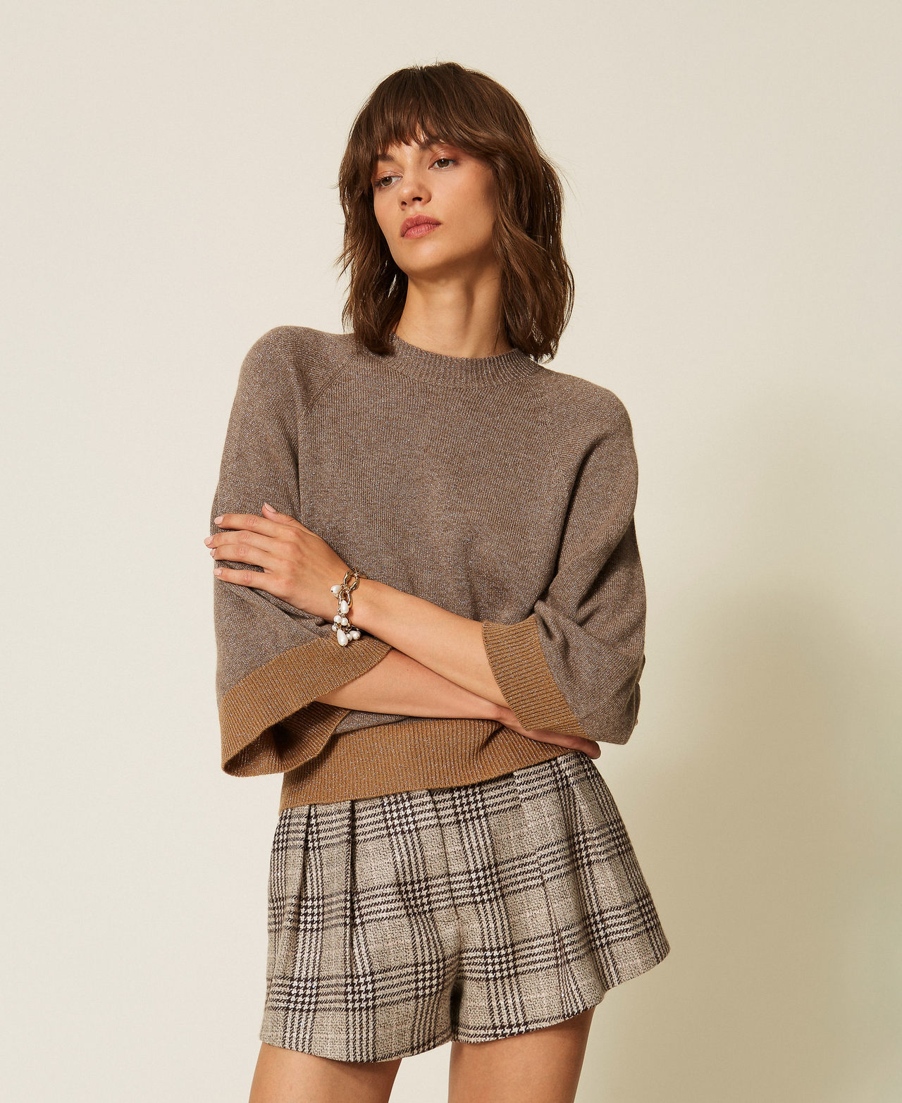 Cropped wool and cashmere jumper with lurex Silver Taupe/"Tobacco Brown" Woman 262TP3511_13933_01