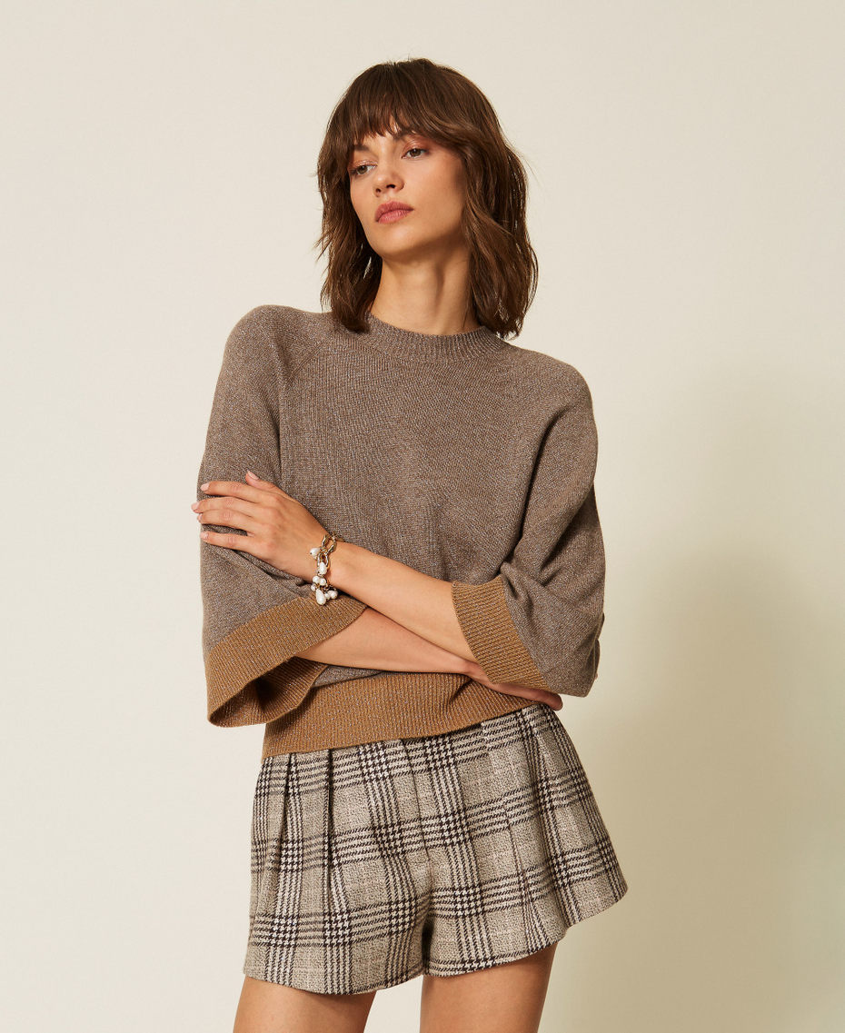Cropped wool and cashmere jumper with lurex Silver Taupe/"Tobacco Brown" Woman 262TP3511_13933_01