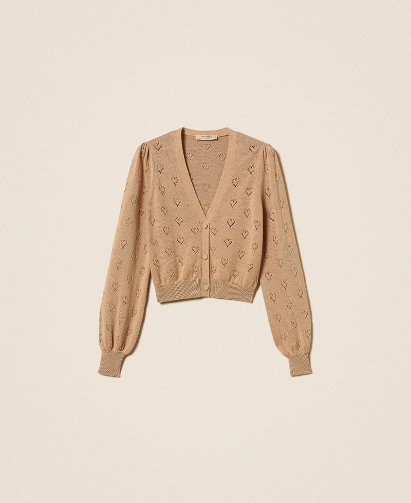 Knit cardigan with heart pattern Light "Tobacco Brown" Woman 262TP3023_13732_S0