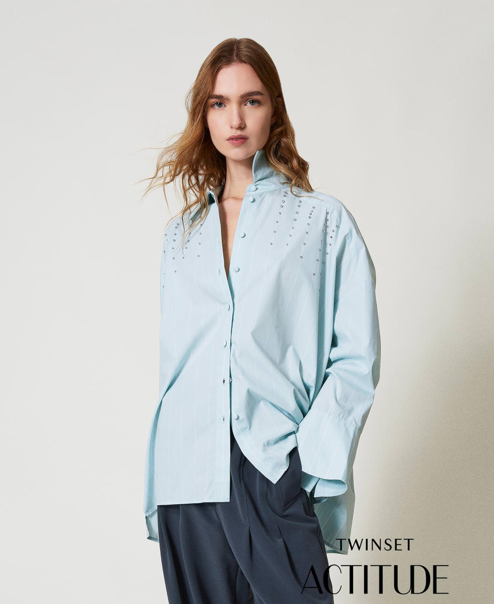 Camisa de popelina con bordado de engastes Canal Blue / Papers Stripes Mujer 251AP2487_12236_PA