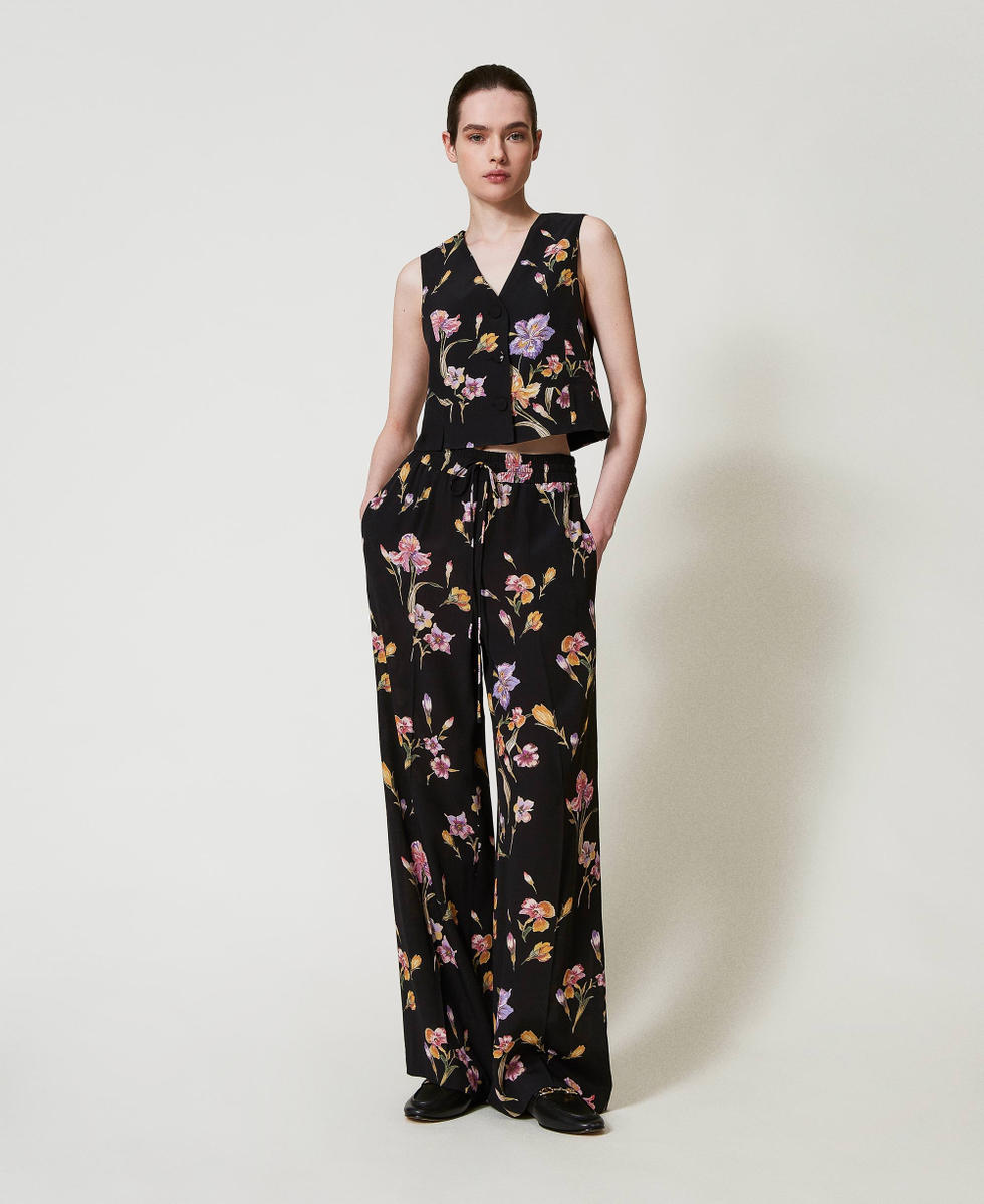 Crêpe de Chine floral waistcoat Woman, Black | TWINSET Milano