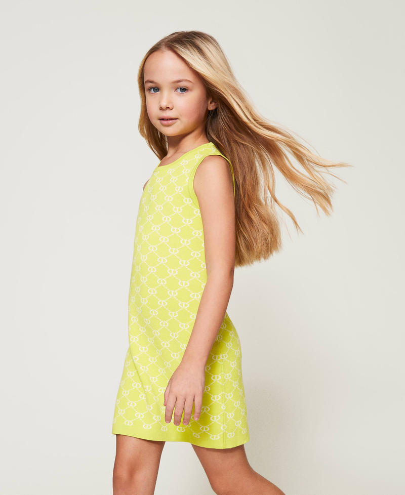 Short knit dress with jacquard Oval T Two-tone Yellow Plum/Ice Girl 251GJ3QX2_12190_02