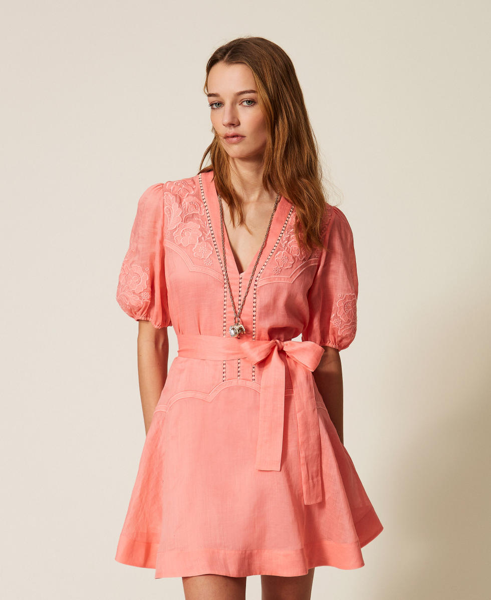 Short ramie dress with embroidery Salmon Rose Woman 261TT2290_13448_01