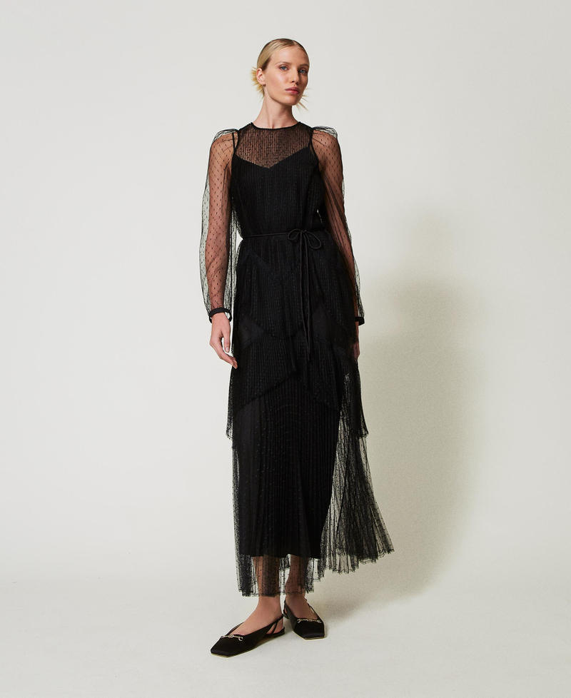 Robe longue en tulle plissé avec volants Noir Femme 251TP2510_00006_01