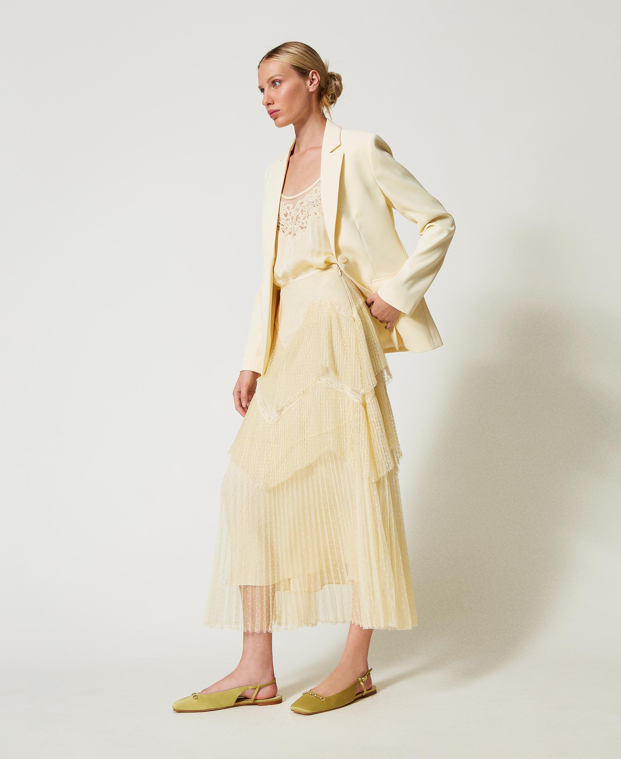 Long tulle skirt with pleated flounces