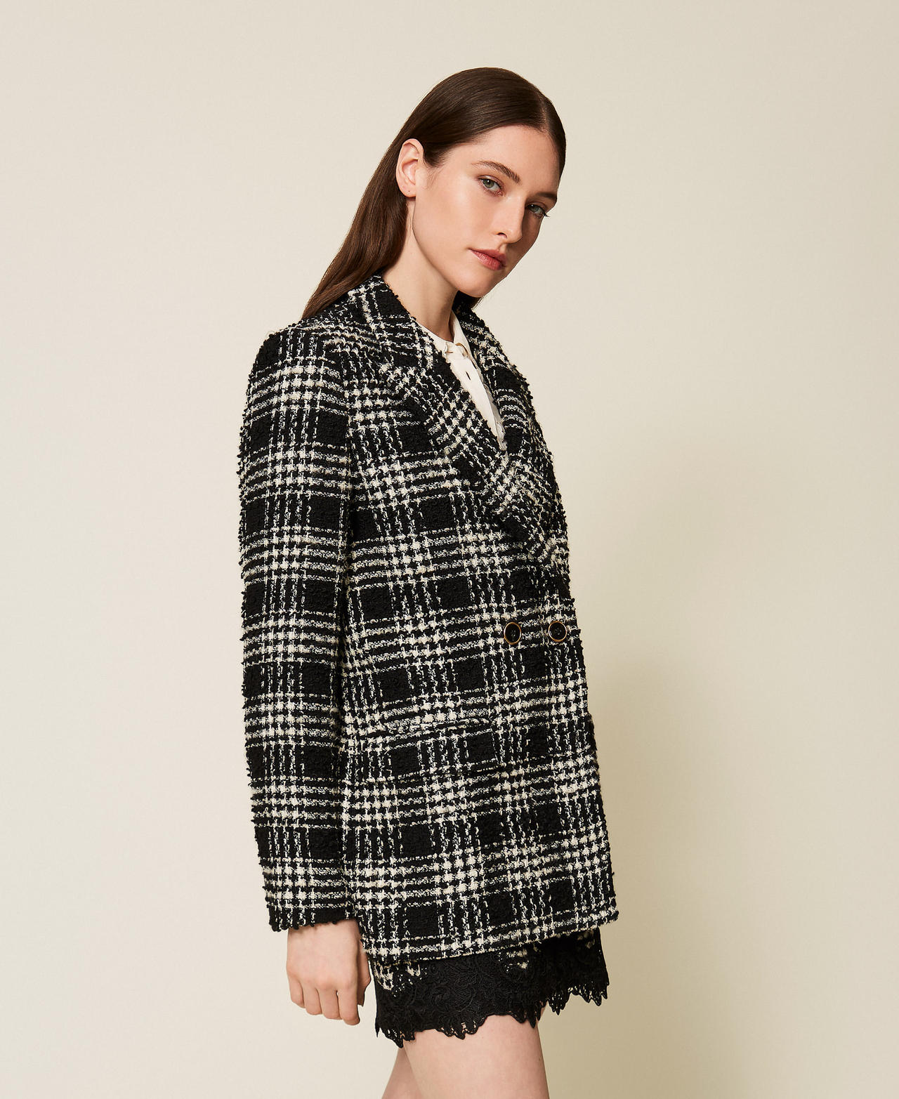 Blazer aus Bouclé mit Karomuster Big Check Nero / Schneeweiß Frau 252TT2111_12876_02