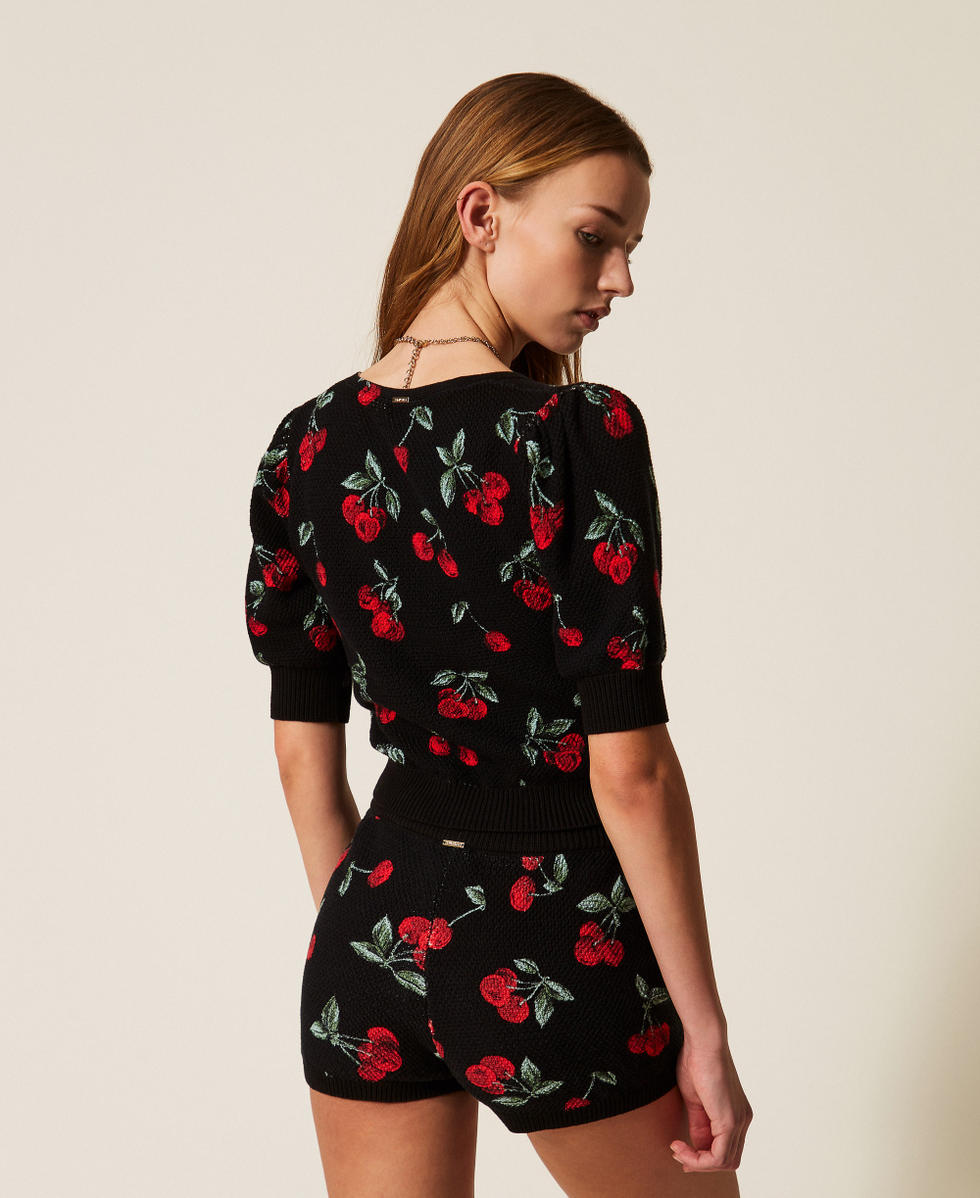 Knit shorts with print Black/Red Cherries Allover Woman 261TT3242_13500_03