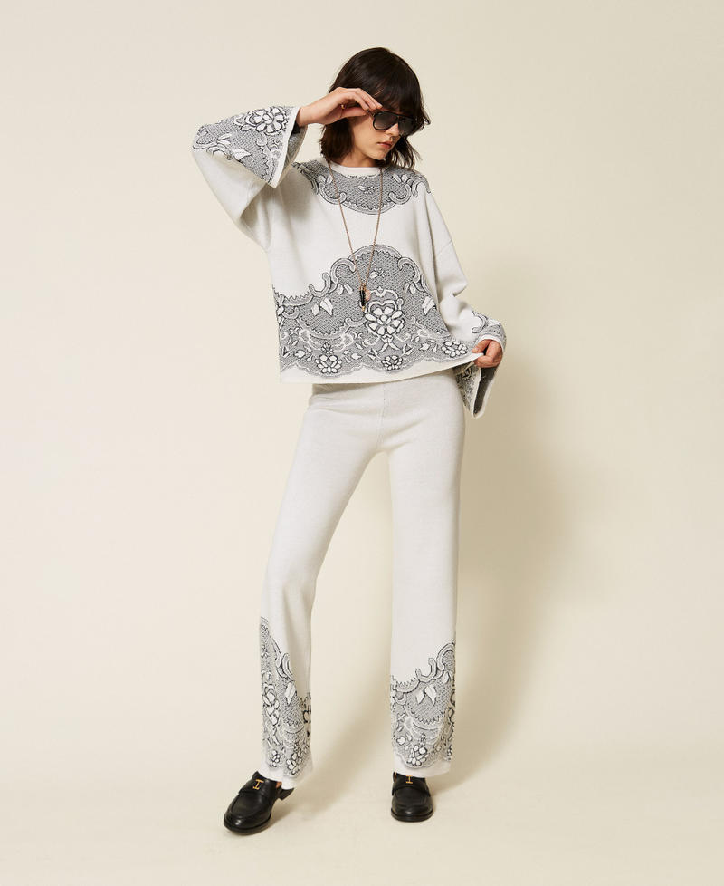 Jacquard wool blend knit trousers Mother of pearl/Black Jacquard Woman 262TP3523_13955_01