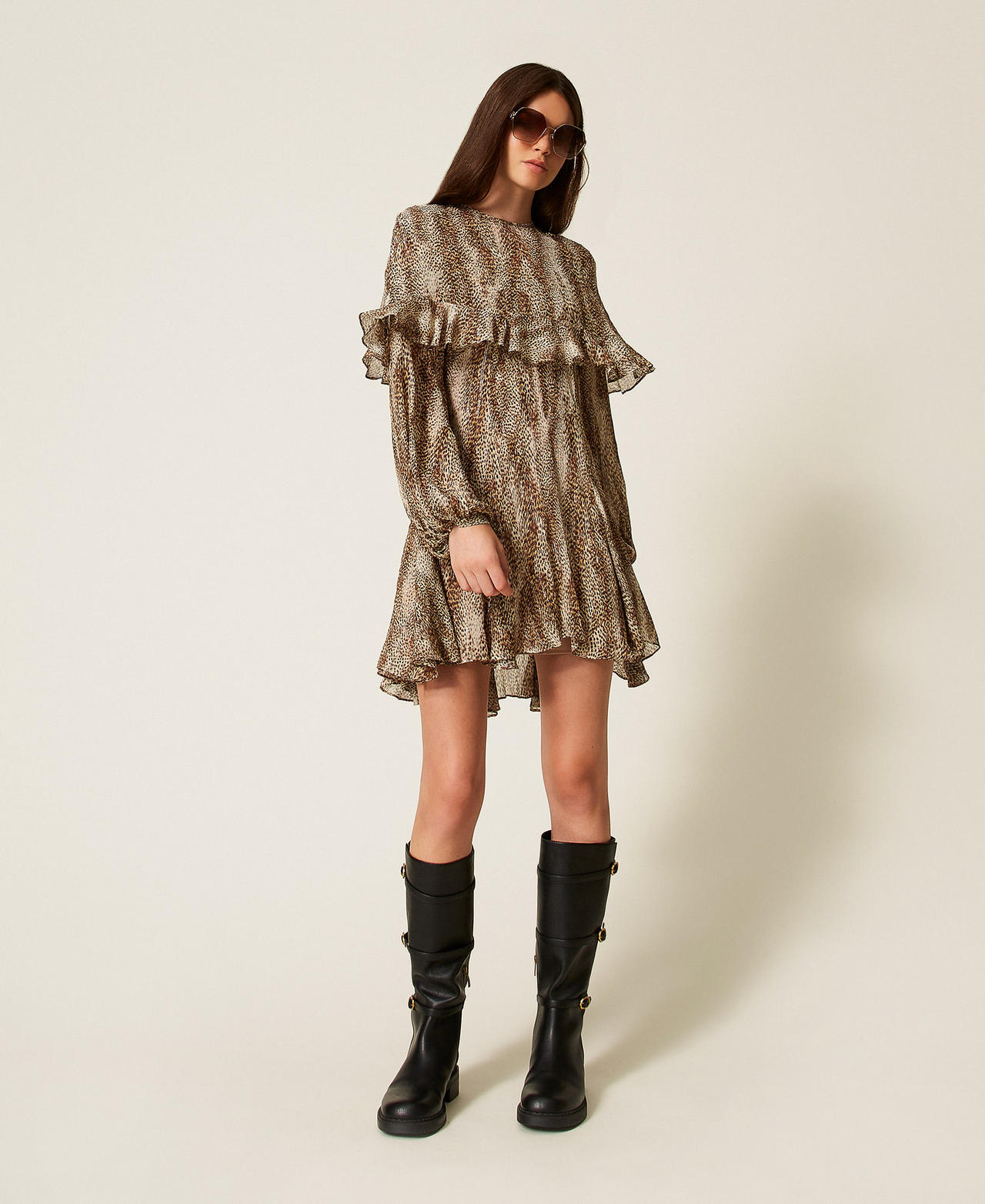 Animal print short creponne dress Brown Animal Print Lurex Stripe Woman 252TT2350_12895_01