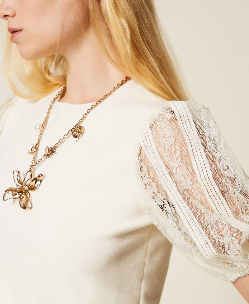 Short sleeve jumper with lace Mother Of Pearl Woman 261TP3431_00059_04