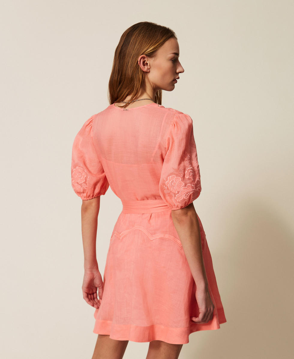 Short ramie dress with embroidery Salmon Rose Woman 261TT2290_13448_03