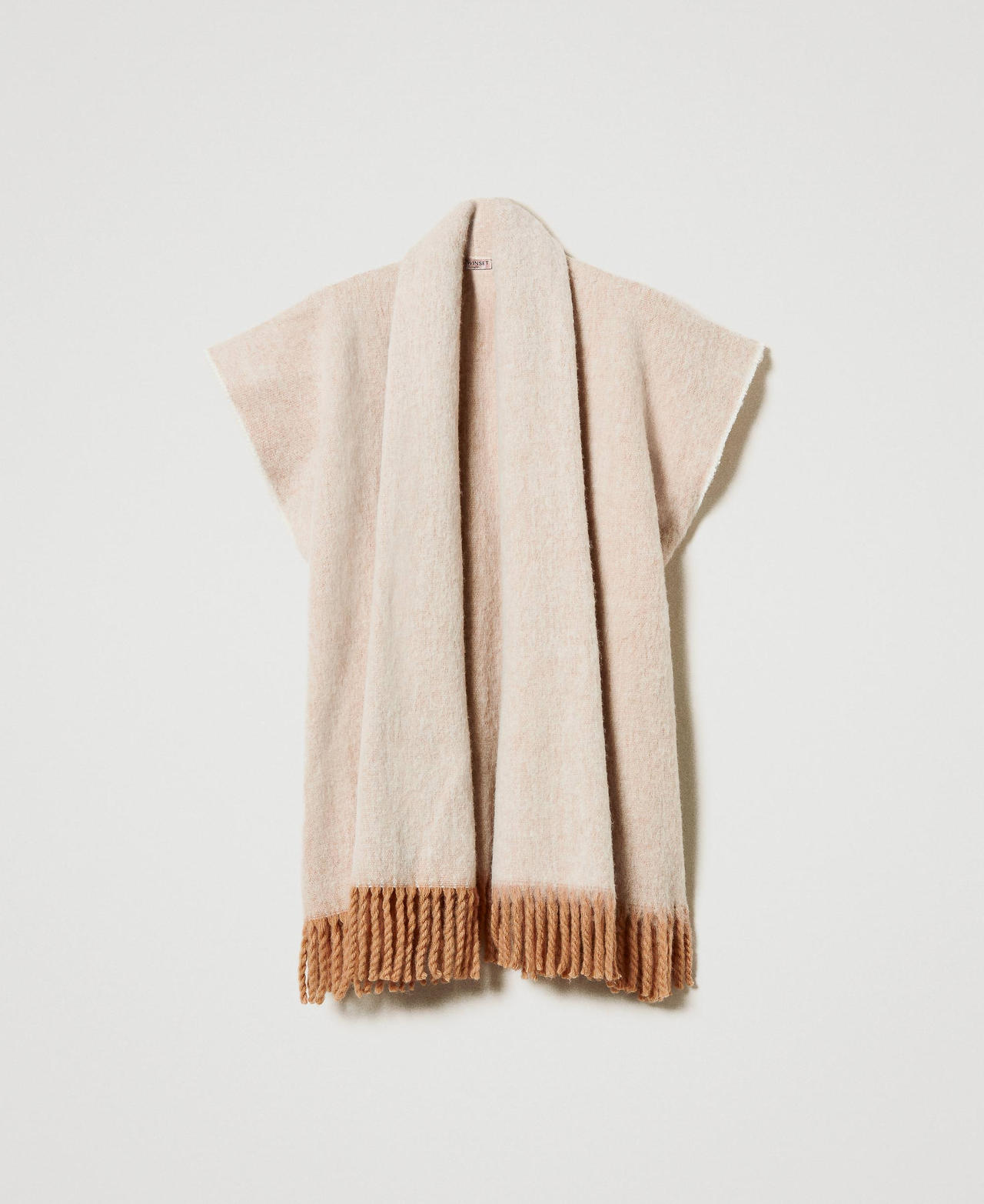 Mottled poncho with fringes Sandy Brown Woman 242TO5570_11754_0S