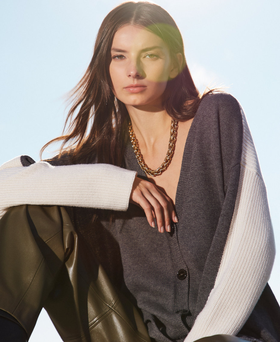 Cardigan long en laine mélangée Bicolore Gris Foncé Chiné/Blanc « Neige » Femme 252TF3022_12997_PC