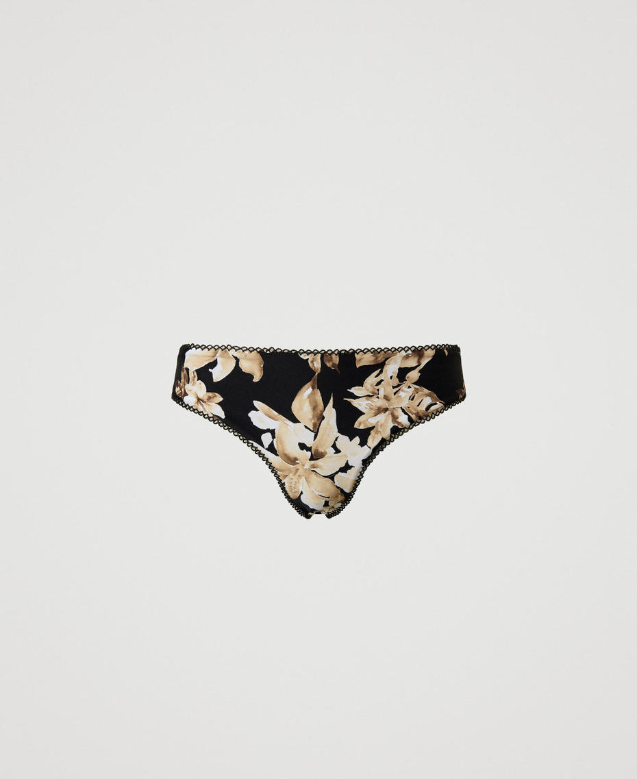Brazilian bikini bottom with floral print Black/Natural Beige Floral Print Woman 251LBMT77_12195_S0