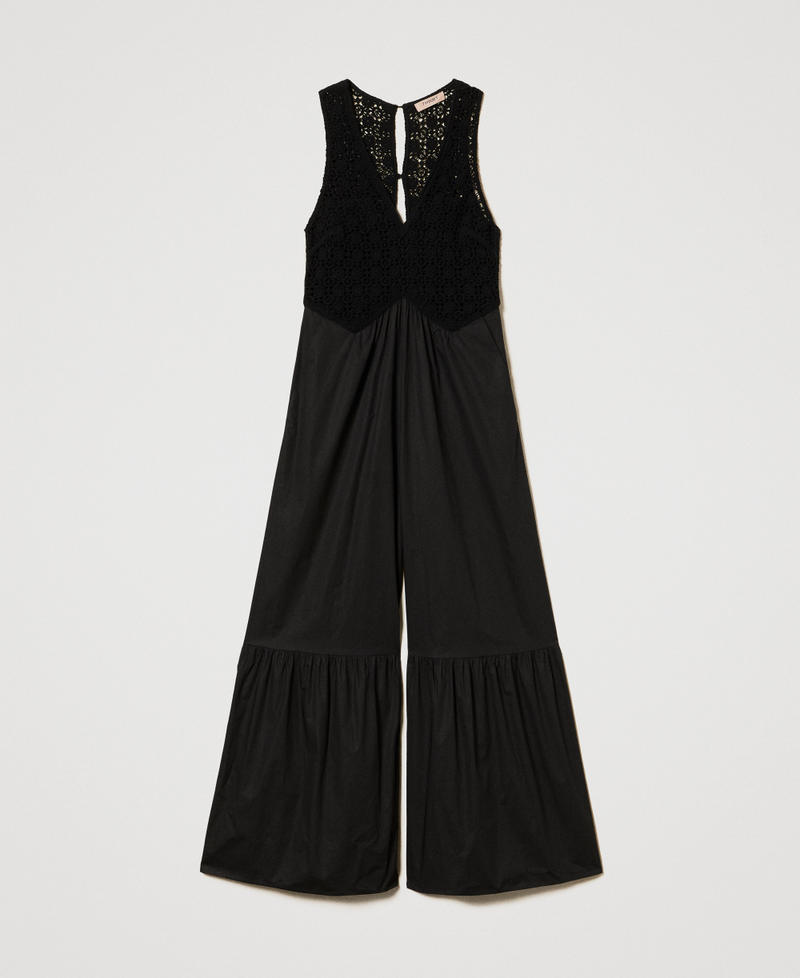 Long poplin jumpsuit with crochet Black Woman 251TT2084_00006_S0