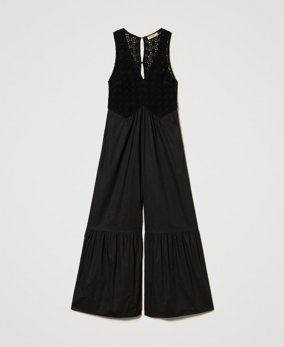 Long poplin jumpsuit with crochet Black Woman 251TT2084_00006_S0