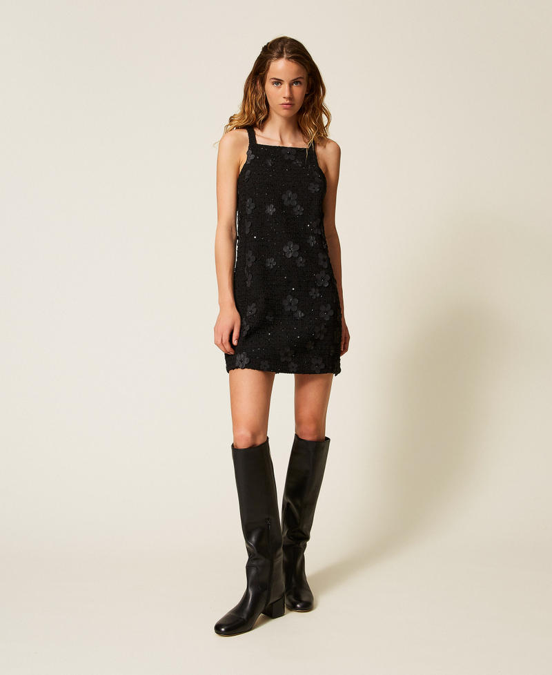 Bouclé short dress with embroidery Black Flowers Bouclé Woman 252TP2142_12733_01