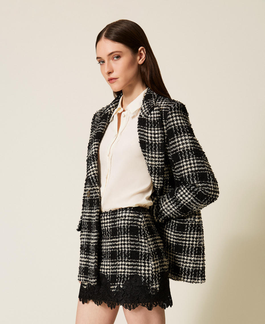 Boucl&eacute; check miniskirt Black/Snow White Big Check Woman 252TT2112_12876_02
