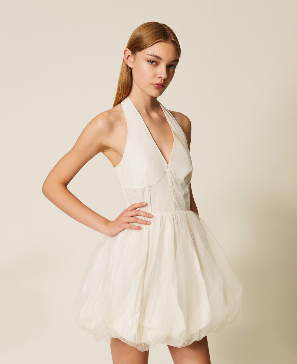 Robe courte en taffetas et tulle Nacre Femme 252TT2283_00059_02